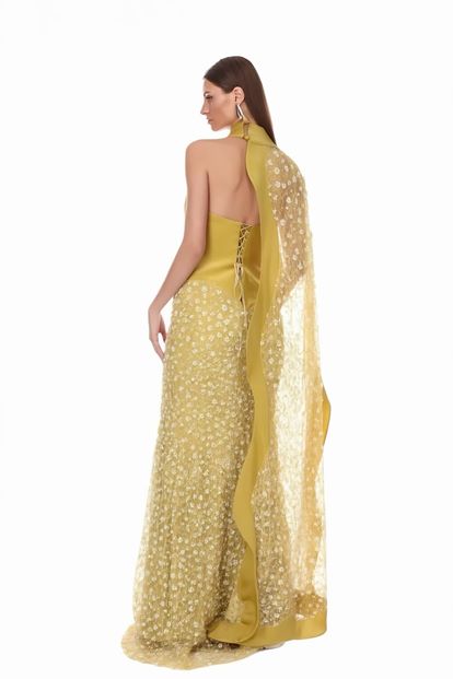 Camel Tül Pelerin ve Taş İşlemeli Abiye Elbise